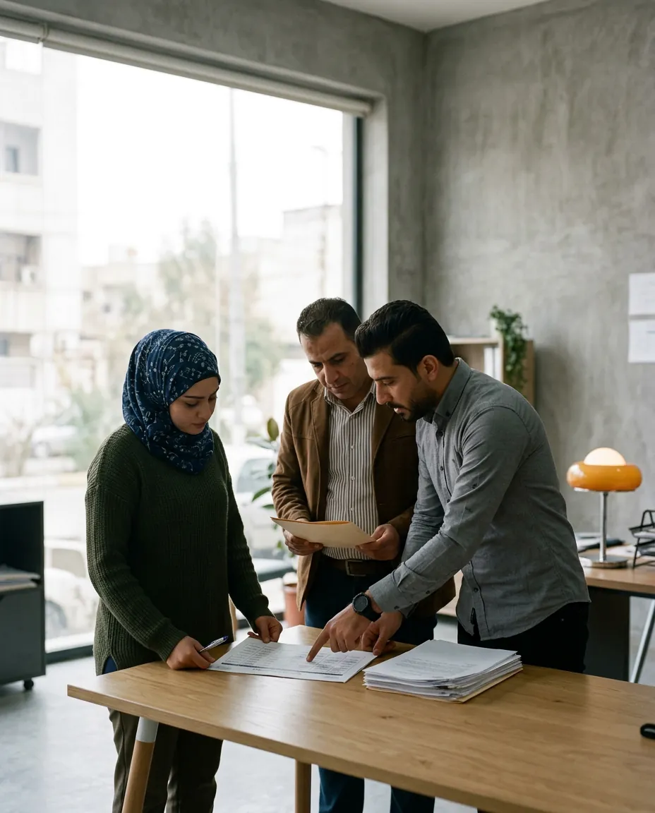 A team reviews a placement schedule and candidate files in a Baghdad office