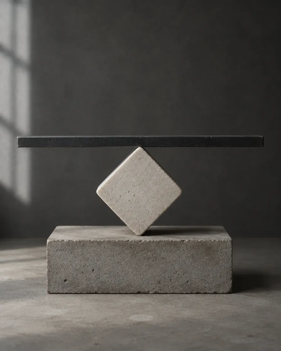 Sculpture: a black steel beam balanced on a diamond-shaped stone