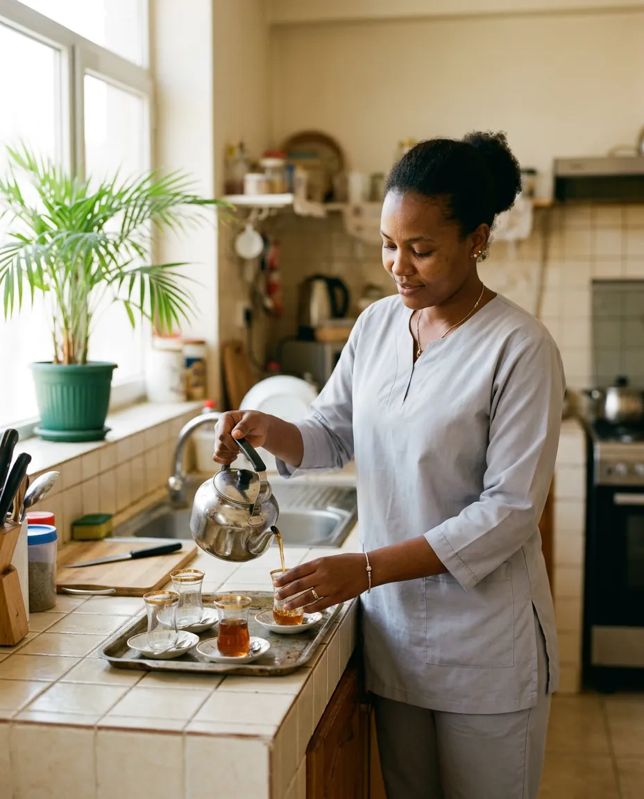 A domestic worker pours tea in an Iraqi home kitchen