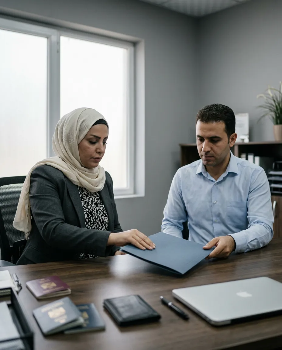 An HR manager hands an employment contract folder to an engineer in a Baghdad office