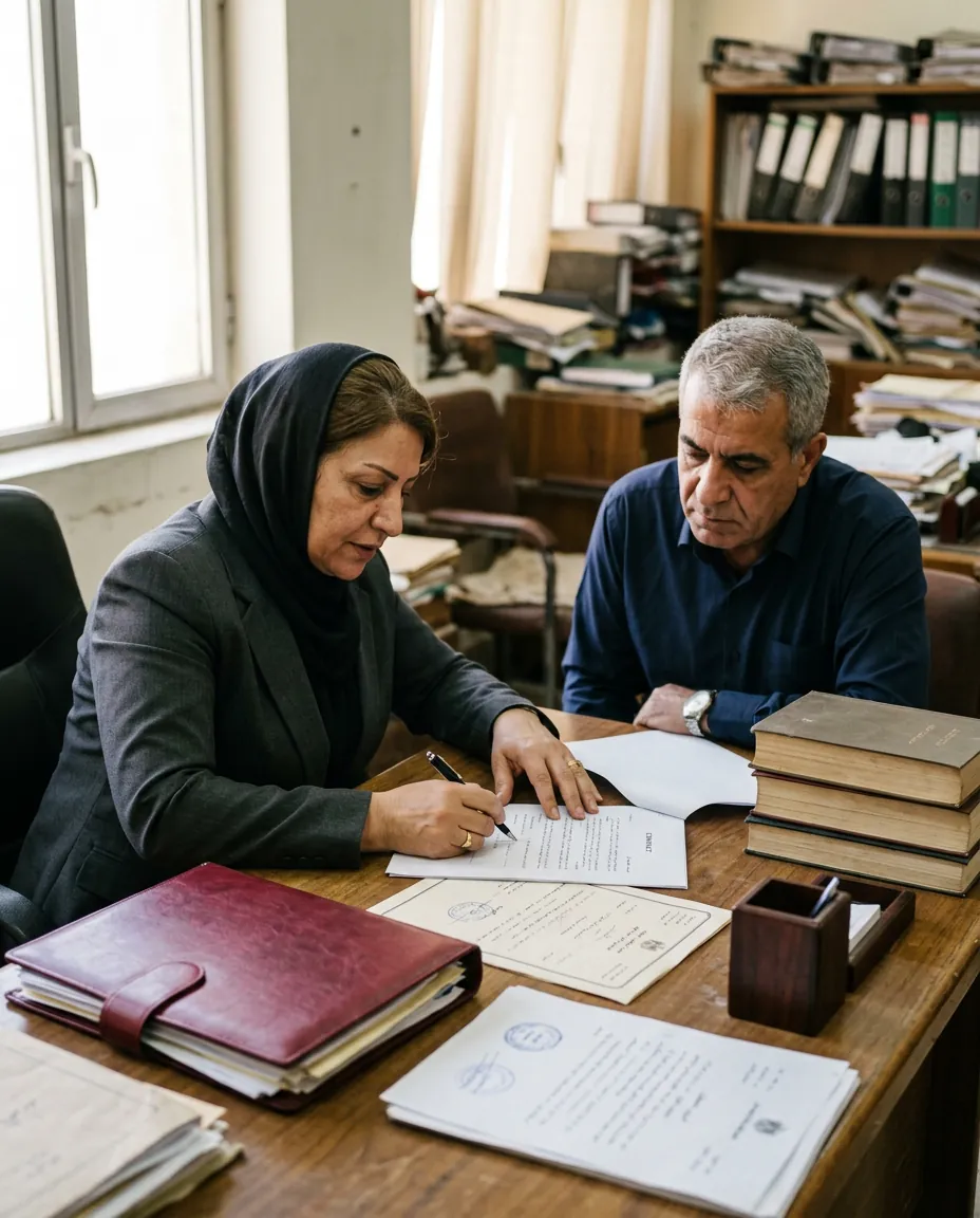 A lawyer reviews a contract clause with a client in a Baghdad law office