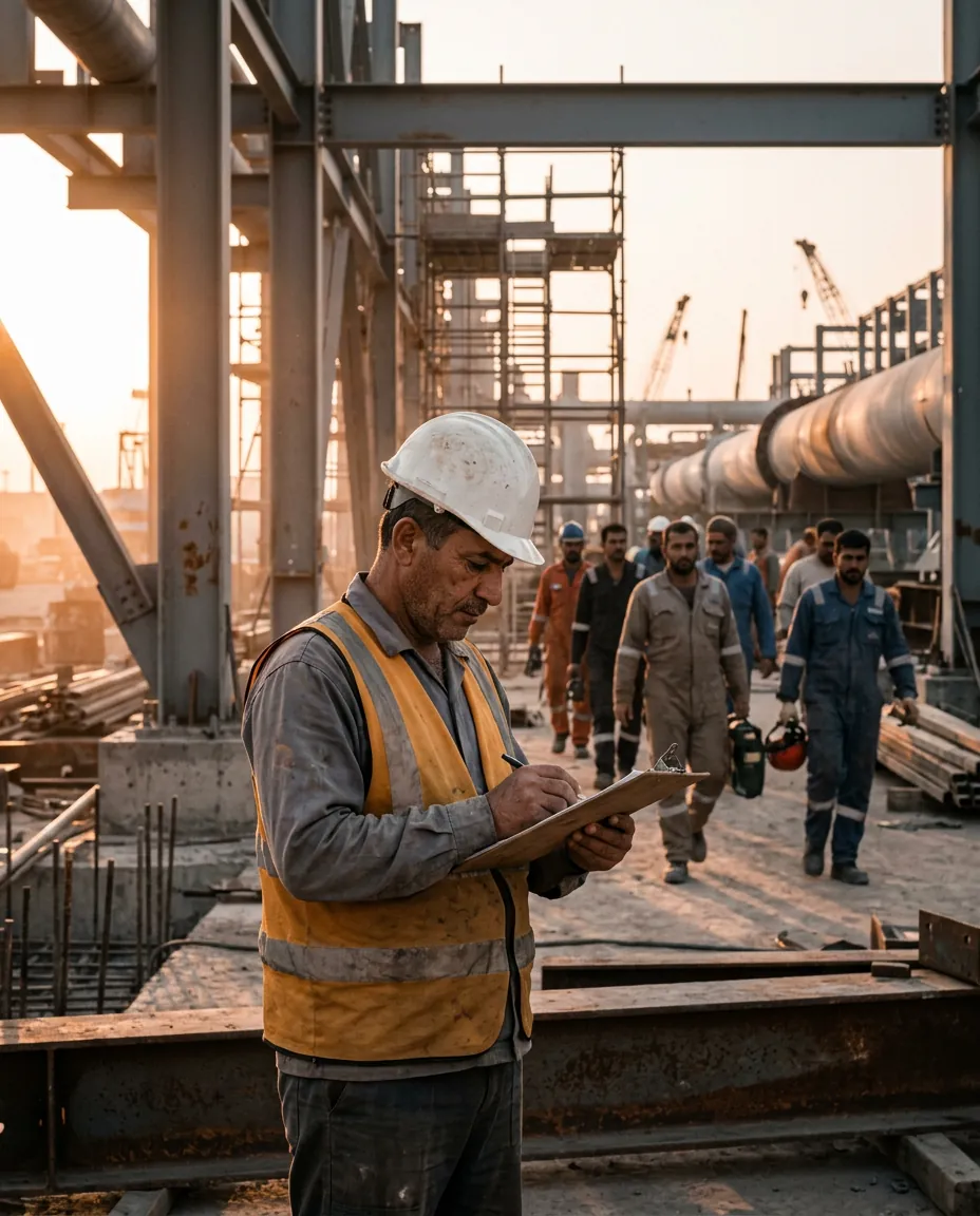 A site foreman checks the crew list at a construction site near Basra
