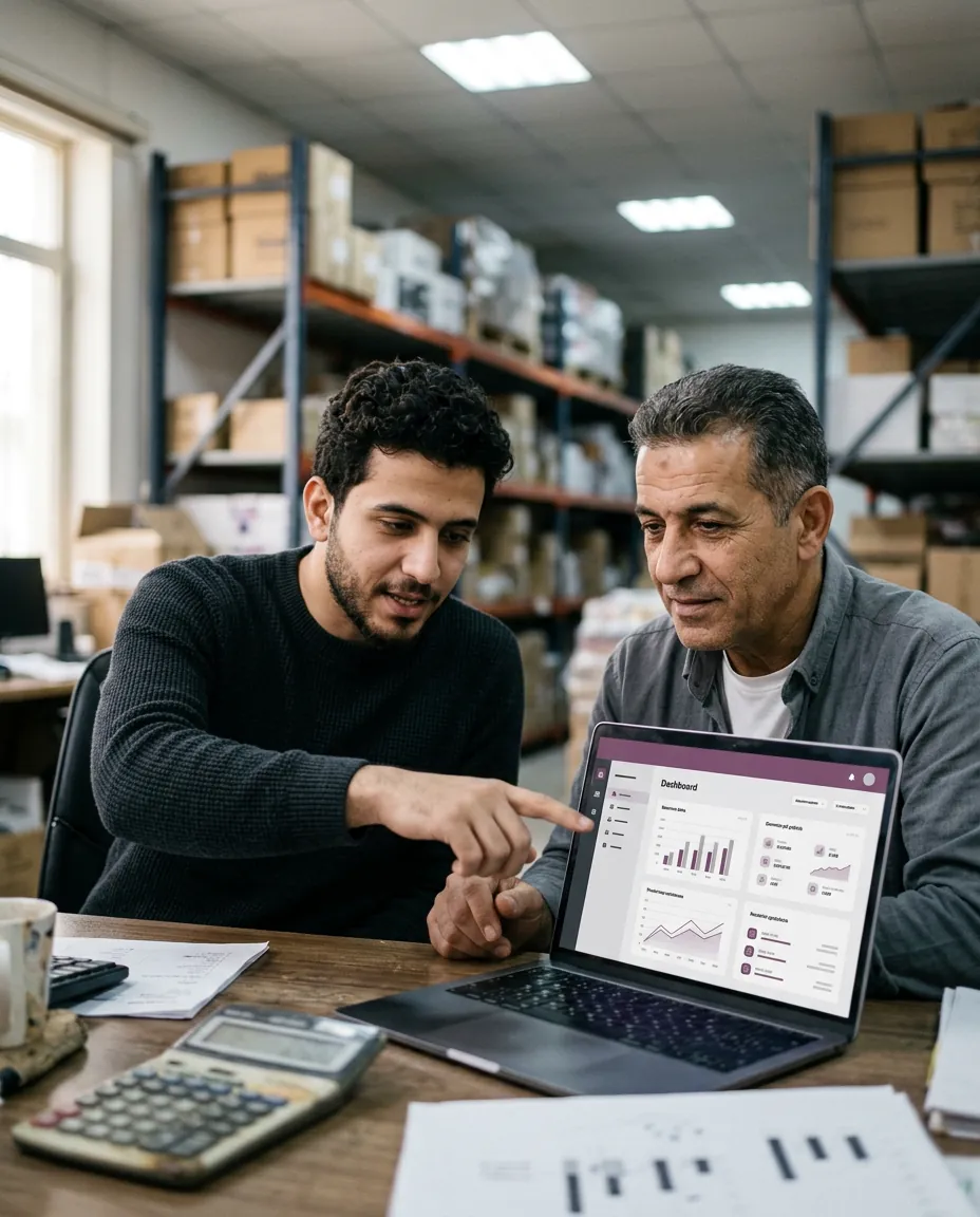 A systems consultant shows a dashboard to a warehouse manager
