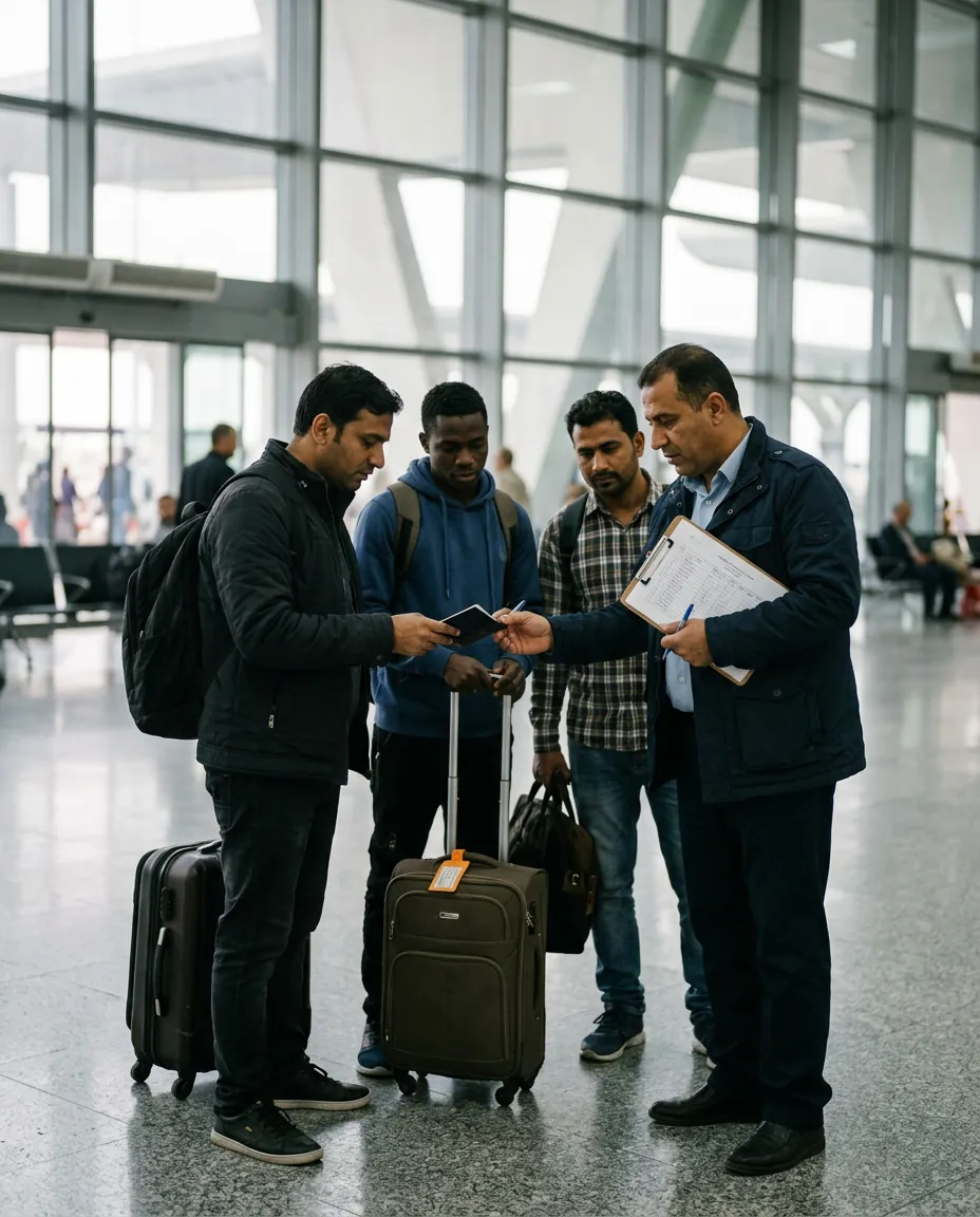 A coordinator meets newly arrived workers at Baghdad airport and checks their passports