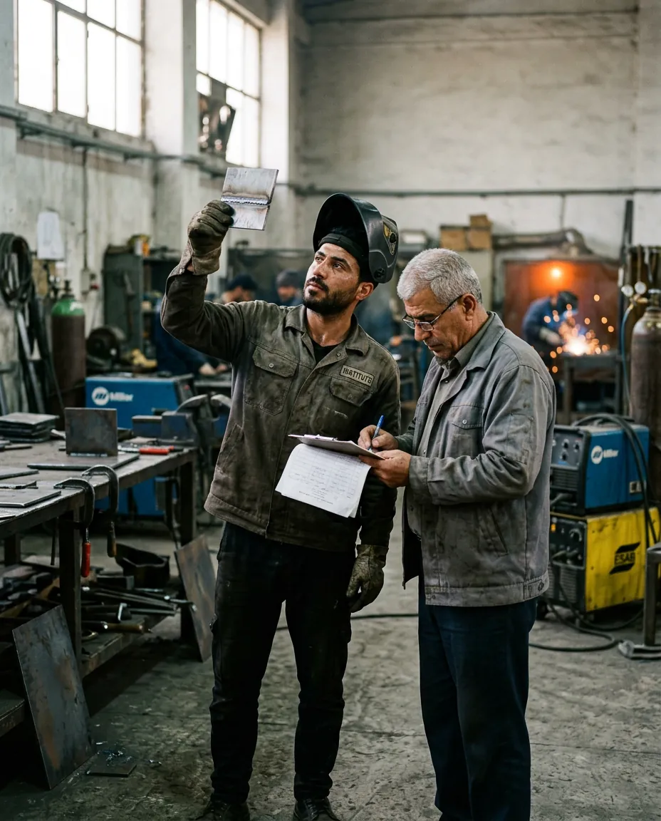 A welder holds up a test weld while an assessor records the result